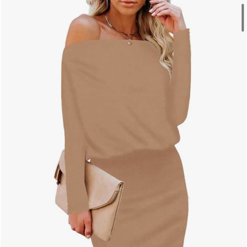Tan knit sweater dress size XL fits 14-16 off shoulder 3/4 sleeves blouson look